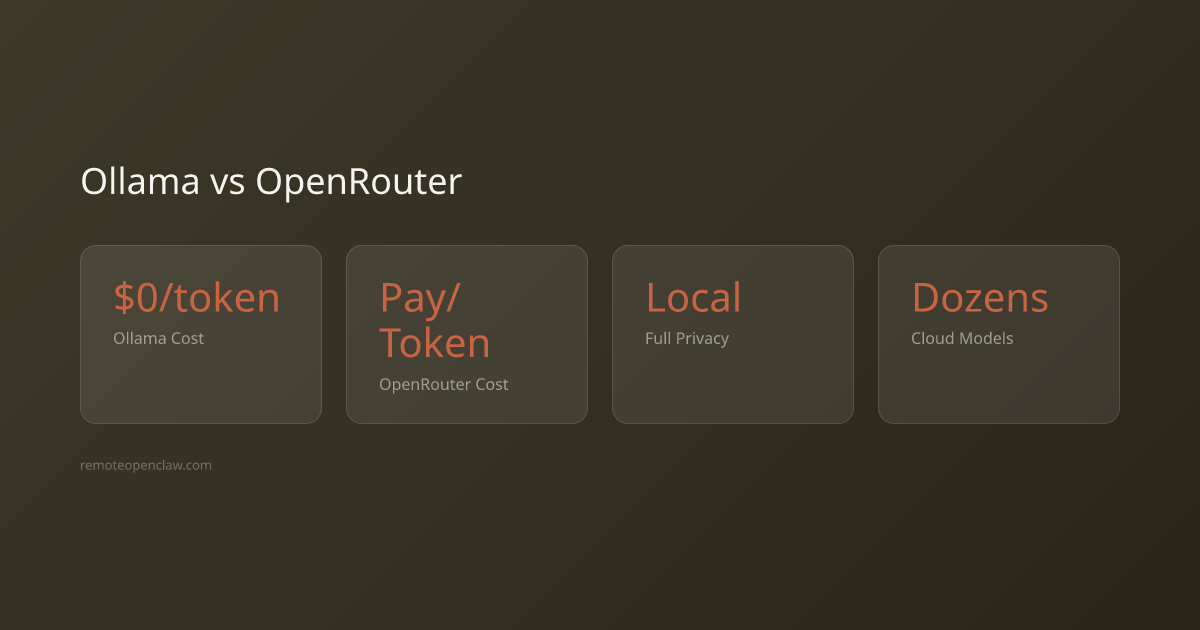 Stats: $0/token Ollama Cost; Pay/Token OpenRouter Cost; Local Full Privacy; Dozens Cloud Models