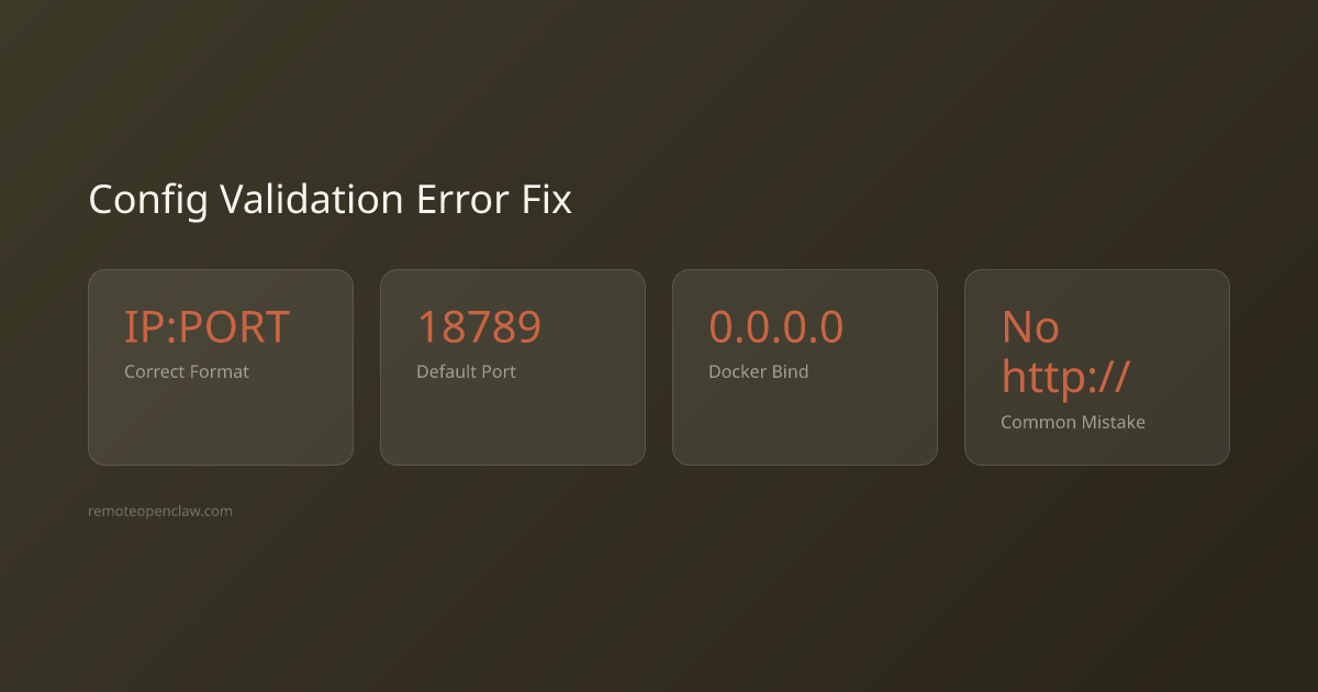 Stats: IP:PORT Correct Format; 18789 Default Port; 0.0.0.0 Docker Bind; No http:// Common Mistake