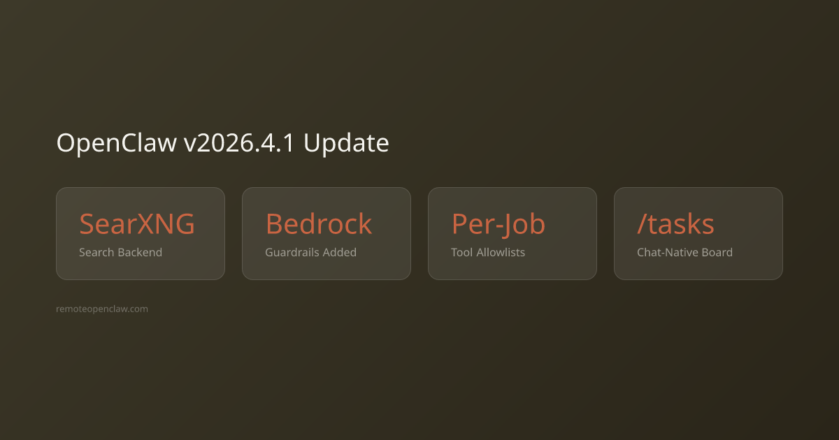 Stats: SearXNG Search Backend; Bedrock Guardrails Added; Per-Job Tool Allowlists; /tasks Chat-Native Board